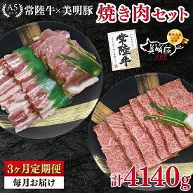 【ふるさと納税】【3ヶ月定期便】【常陸牛 A5ランク・美明豚焼肉セット】常陸牛カルビ780g＋美明豚600g（ロース300g・ばら300g） 冷凍 国産牛 和牛 牛肉 豚肉　ブランド豚 茨城県 水戸市 食べ比べ セット商品 国産 BBQ 老舗精肉店（EK-24_1）