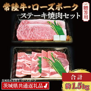 【ふるさと納税】【ギフト用】【常陸牛・ローズポークステーキ焼肉セット(9~10人前)】 常陸牛 サーロインステーキ 約900g(300g×3枚) ローズポーク焼肉用 約600g (ロース300g ばら300g) ( 茨城県共通