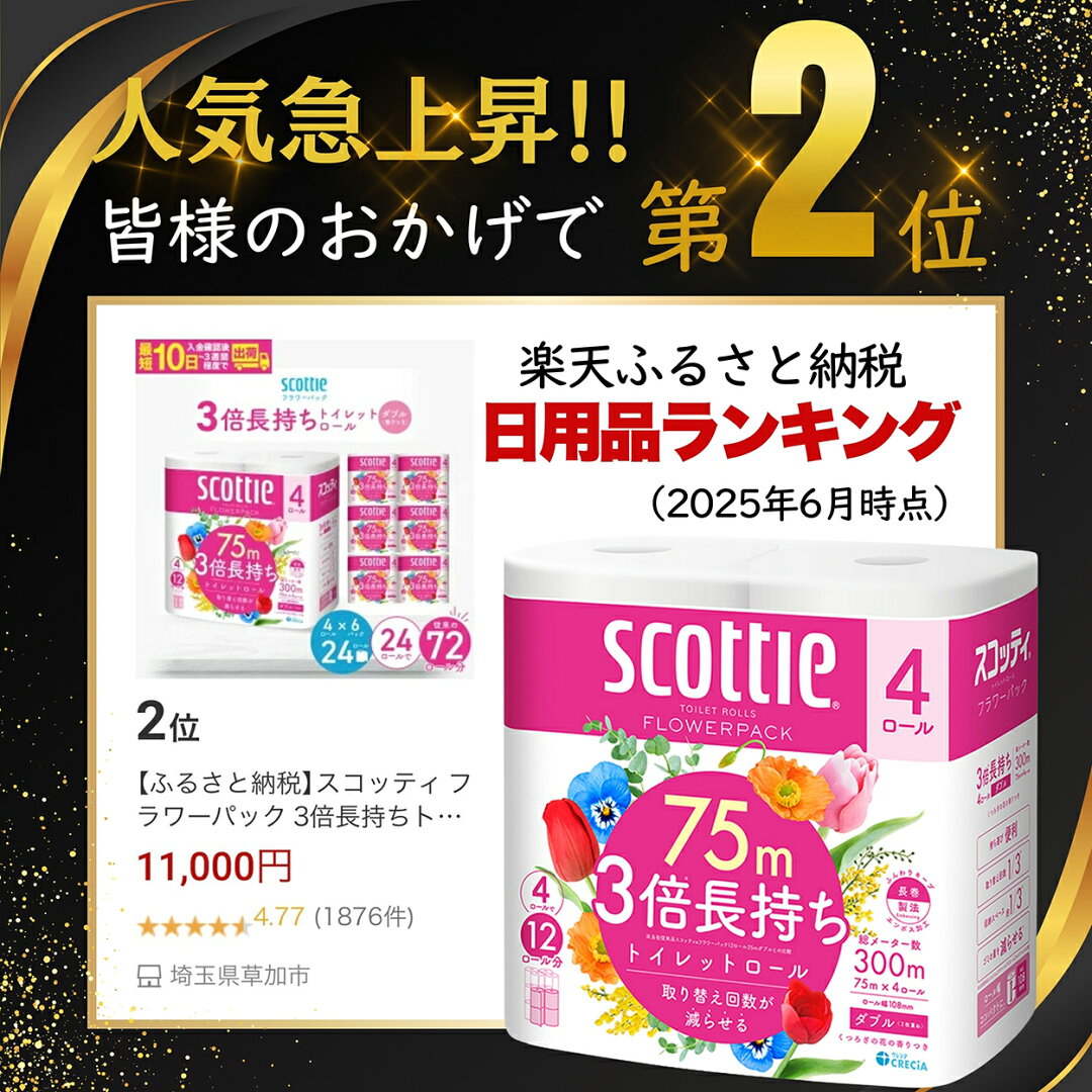 【ふるさと納税】トイレットペーパー ダブル スコッティ フラワーパック 3倍長持ちトイレットロール ダブル 香りつき 75m×4ロール×6P | 日用品 トイレットペーパー ダブル 24ロール 3倍巻 消耗品 長持ち 防災 備蓄 必需品 埼玉県 草加市 - メイン画像 4