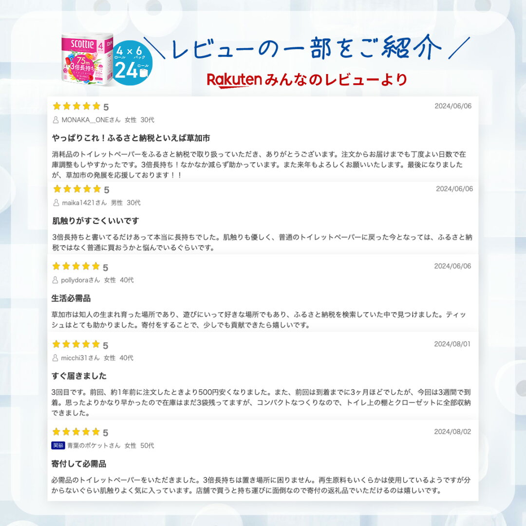 【ふるさと納税】トイレットペーパー ダブル スコッティ フラワーパック 3倍長持ちトイレットロール ダブル 香りつき 75m×4ロール×6P | 日用品 トイレットペーパー ダブル 24ロール 3倍巻 消耗品 長持ち 防災 備蓄 必需品 埼玉県 草加市 - メイン画像 7
