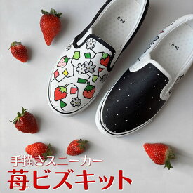 【ふるさと納税】スニーカー 苺ビズキット 手描きスリッポン いちご柄 ドット模様 アシンメトリー 大人可愛い おしゃれ レディース メンズ ユニセックス ワイズ 2E 22.0～28.0cm【受注制作】