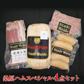 【ふるさと納税】桑原ハムスペシャル4点セット 肉の加工品 バーベキュー BBQ おかず つまみ ロースハム原木 ポークフランク 乾塩せきベーコン ソフトサラミ