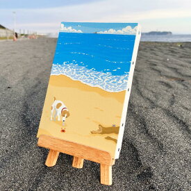 【ふるさと納税】湘南・茅ヶ崎で描く、海を感じるイラストアート 『 湘南ランドスケープ04：渚の遭遇 』　キャンバスアートパネル（小）/ 絵画 風景 犬 猫