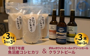 【ふるさと納税】令和7年産魚沼産コシヒカリ(雪中貯蔵)3kg&クラフトビール3種各1本(IPA&WHITE&GREEN)セット | 地ビール ビール 新潟県産 コシヒカリ こしひかり お米 米 魚沼産【0055-0004-0