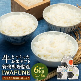【ふるさと納税】【令和7年産米】牛とつくったお米ギフト「IWAFUNE」6kg（新潟県村上市岩船産コシヒカリ・新之助・こしいぶき各2kg）お米 精米 白米 ご飯 ごはん 詰め合わせ 贈り物 プレゼント ギフト 村上市 新潟県 1041004