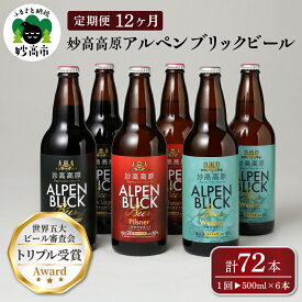 【ふるさと納税】【12ヶ月定期便】妙高 高原アルペンブリックビール 3種 ギフト セット（500ml×6本）全12回 クラフトビール 地ビール 飲み比べ 送料無料 お取り寄せ 金賞受賞 贈り物 お歳暮 お中元 新潟県 地ビール 天然水 家飲み 詰め合わせ ギフト セット 定番 酒 苦味