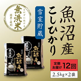 【ふるさと納税】雪室貯蔵 魚沼産 コシヒカリ 無洗米 5kg (2.5kg×2) 12ケ月 連続お届け ( 米 定期便 お米 こめ コメ おこめ 白米 こしひかり 12回 60kg お楽しみ ) 新潟県 　お届け：寄附入金月の翌月より発送