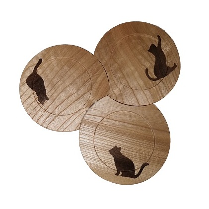 富山木象嵌 高価値 祝開店 大放出セール開催中 天然木手作りコースター 3枚セット 猫