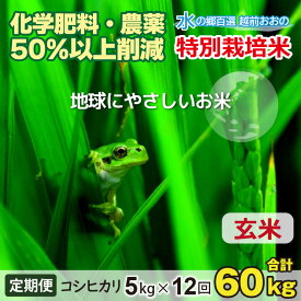【ふるさと納税】【令和7年産 新米】【12ヶ月定期便】こしひかり 5kg × 12回 計 60kg【玄米】減農薬・減化学肥料 「特別栽培米」－地球にやさしいお米－【お米・コシヒカリ・玄米】[H-003003]