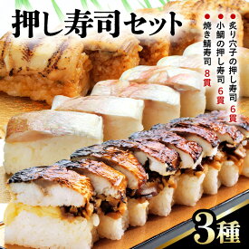 【ふるさと納税】押し寿司セット(焼き鯖寿司、小鯛の押し寿司、炙り穴子の押し寿司) 3種20貫入《大人気返礼品！》／ 越前名物 おすし 押し寿司 鯖 鯛 穴子 カット済 取り分け お手軽 食べ比べ あわら