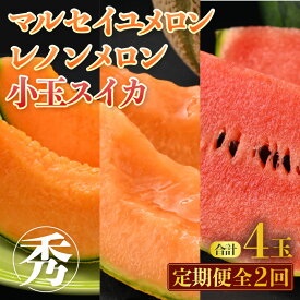 【ふるさと納税】【先行予約】メディアで紹介！今話題のレノン《定期便全2回》スイカとメロン大好きな人集まれ！第2弾！（小玉スイカ・マルセイユメロン・赤肉レノンメロン）計4玉 / フルーツ くだもの 果物 贈答 特産 旬 夏 完熟 すいか メロン ※2026年6月上旬より順次発送