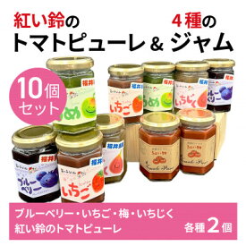 【ふるさと納税】美浜町産 紅い鈴のトマトピューレ&福井県産フルーツのジャム スマイルセット （トマトピューレ 苺ジャム 梅ジャム いちじくジャム ブルーベリージャム 各2個） [m03-b012]