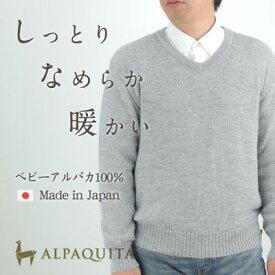 【ふるさと納税】ベビーアルパカ100%セーター メンズ Vネック ライトグレー Mサイズ【1572504】