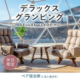 【ふるさと納税】《休日限定》デラックスグランピング2名1棟宿泊券(1泊2食、無料ドリンク付き)［金土曜・祝日・祝前日・連休］ ビジョングランピングリゾート山中湖 ふるさと納税 富士山 旅行 チケット 宿泊券 キャンプ 露天風呂 サウナ 水風呂 冷暖房完備 BBQ YAG004