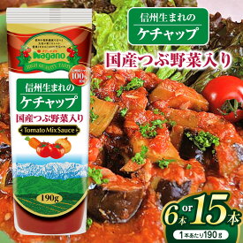 【ふるさと納税】【選べる本数】信州生まれのケチャップ国産つぶ野菜入り190g 6本セット or 15本セット｜ふるさと納税 信州 長野県 松本市 トマト 100％ ケチャップ 食料 野菜