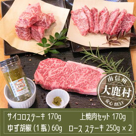 【ふるさと納税】アルプス牛　BAU牧場　安全安心の牛肉セット(ロースステーキ2枚・サイコロステーキ・上焼肉・ゆず胡椒)