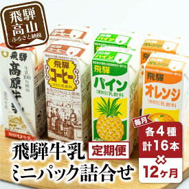 【ふるさと納税】乳飲料 詰め合わせ 定期便 12ヶ月 セット合計: 192本 ( 180ml × 16本 × 12ヶ月 ) 4種 飛騨牛乳 コーヒー牛乳 フルーツ牛乳 岐阜 高山市 飛騨高山 岐阜県 | スイーツ パックジュース 送料無料 お取り寄せ 人気 お楽しみ おすすめ