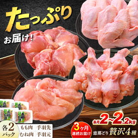 【ふるさと納税】【3回定期便】 【冷凍】 恵那どり 贅沢4種 詰め合わせ (もも肉2枚 むね肉2枚 手羽先10本 手羽元10本) 小分け セット (約2~2.2kg×3回)　鳥肉 鶏肉 とりにく 冷凍 手羽 多治見市/トーノーデリカ [TEZ014]