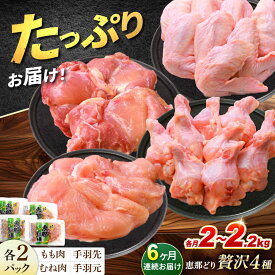 【ふるさと納税】【6回定期便】 【冷凍】 恵那どり 贅沢4種 詰め合わせ (もも肉2枚 むね肉2枚 手羽先10本 手羽元10本) 小分け セット (約2~2.2kg×6回)　鳥肉 鶏肉 とりにく 冷凍 手羽 多治見市/トーノーデリカ [TEZ015]