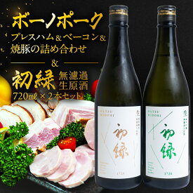 【ふるさと納税】【飛騨 味職人】ボーノポークプレスハム＆ベーコン＆焼豚の詰め合わせと【初緑】 無濾過生原酒2種セット(720ml×各1本) お酒 日本酒 純米吟醸 奥飛騨酒造 おさだ食品 チャーシュー ハム おつまみ 晩酌 ギフト 下呂温泉