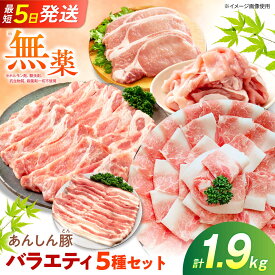 【ふるさと納税】あんしん豚のバラエティセット 5種 計1.9kg（バラ、モモ、カタロース、ロースしゃぶしゃぶ用 各200g×2袋／ローステキカツ用 100g×3枚）豚肉 セット 豚バラ バラ肉 モモ肉 肩ロース カツ 豚ロース 国産 無薬 無薬育ち 冷凍 白川町 / 藤井ファーム[AWAF106]