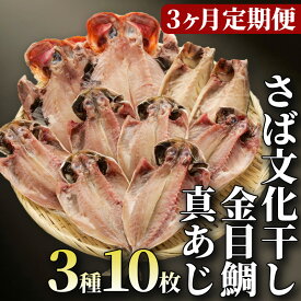【ふるさと納税】 干物 定期便 3回 ひもの 詰め合わせ セット 3種 10枚 真あじ 金目鯛 さば サバ 文化干し イカ 炭室熟成 個包装 魚介 海鮮 贈答品 ギフト 高級魚 伝統製法 干物セット 真アジ キンメダイ 沼津市 静岡県