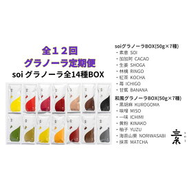 【ふるさと納税】【定期便・全12回】毎月届く soi グラノーラ全14種BOX | 食べ比べ 詰め合わせ アップル シナモン ハニー 檸檬 レモン ジンジャー メープル フルーツ 果物 ナッツ オートミール オーツ麦 朝食 食品 朝ごはん お取り寄せ 愛知県 大府市