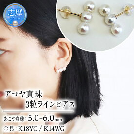 【ふるさと納税】 パール優美 真珠 パール ピアス K18 K14 アクセサリー 5ミリ ～ 6ミリ 三重県 伊勢志摩 志摩 冠婚葬祭 結婚式 プレゼント 母の日 クリスマス バレンタイン ホワイトデー 人気 / 志摩産アコヤ真珠 5-6ミリ 3粒ラインピアス (K18YG / K14WG)