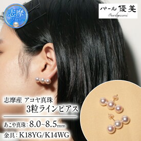 【ふるさと納税】 パール優美 真珠 ピアス アクセサリー パール 8ミリ ～ 8.5ミリ K18 K14 三重県 伊勢 志摩 伊勢志摩 プレゼント 人気 冠婚葬祭 フォーマル カジュアル レディース シンプル / 志摩産 アコヤ真珠　8-8.5ミリ 3粒ライン ピアス ( K18YG / K14WG )