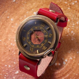 【ふるさと納税】天然樹木【ブビンカ】と八角形デザインの文字盤が可愛いハンドメイドウォッチ Mサイズ ベルトカラー：赤 WB007M W2-赤