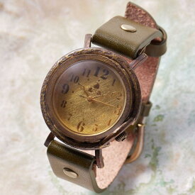 【ふるさと納税】アンティーク仕上げ【真鍮ヘアライン】ハンドメイドウォッチ Mサイズ ベルトカラー：オリーブ WB013M オリーブ