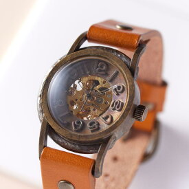 【ふるさと納税】【機械-手巻き式】 アンティークゴールドの立体感のあるのある文字盤がクールなハンドメイドウォッチ ベルトカラー：蜜柑 WB011 蜜柑