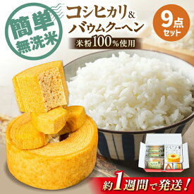 【ふるさと納税】すぐ届く 米粉バウムクーヘン1ホール＋スライス・無洗米キューブ2合×2個 詰め合わせセット 長浜市/阿辻農園[AQAW005] 無洗米 真空パック こしひかり 米 お米 白米 バームクーヘン 米粉 近江米 キューブ米 人気 おすすめ ギフト スイーツ スピード発送