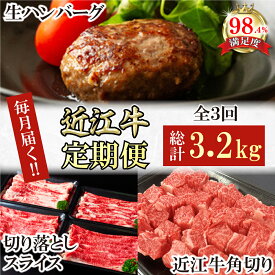 【ふるさと納税】【定期便】近江牛定期便 ハンバーグ / 切り落とし / 角切り 全3回 ハンバーグ すき焼き プレミアム生ハンバーグ 1.2kg（約120g×10個） / 切り落としスライス 食べ比べ ブリスケ バラ 1kg / 角切り 500g×2 煮込み用 牛肉 国産 近江牛 日本三大和牛 冷凍