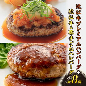 【ふるさと納税】近江牛 プレミアムハンバーグ + 近江牛＆豚手ごねハンバーグ セット（各4個、合計8個) 各4個 8個 冷凍 急速冷凍 ギフト 個包装 湯煎 ステーキソース 滋賀県 湖南市　お届け：入金確認後、2週間程度で順次発送予定