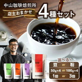 【ふるさと納税】 中山珈琲焙煎所 自家焙煎コーヒー 店主おまかせ4種類 選べるタイプ（豆or粉）選べる内容量（50g×4袋、100g×4袋）選べる回数（1回、3回） コーヒー豆 珈琲 コーヒー コーヒー粉 京都府 木津川市