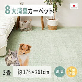 【ふるさと納税】ペットにやさしい 8大消臭・抗菌 カーペット 1枚 3帖 グリーン 約176×261cm 600094830｜抗菌加工 消臭 防臭 パイル地 ホットカーペット インテリア 天然素材 動物 猫 犬 [3481]