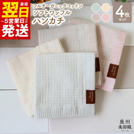 【ふるさと納税】＼最短5営業日以内発送／ ハンカチ 4枚組 約25×25cm 泉州南部織 オーガニック100％ ソフトワッフルハンカチ 4色 セット 無地 日本製 オーガニックコットン ガーゼ 薄手 ハンドタオル FOOD TEXTILE 日用品 大阪府 泉佐野市 送料無料 64匁 吸水力 速乾 新生活