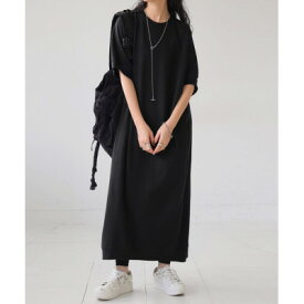 【ふるさと納税】【ANTIQUA/アンティカ】裏毛ロングワンピース 半袖 ブラック(PYA-00010-05-F)【1639291】