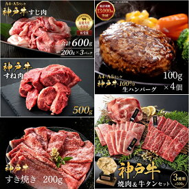 【ふるさと納税】神戸牛 福袋 生ハンバーグ 4個入 (100g×4個) すじ肉 600g (200g×3P) すき焼き 200g 焼肉セット 計400g 牛タン100g 牛スネ肉 500g セット 詰め合わせ A4ランク A5ランク 牛肉 牛 お肉 肉 ブランド牛 和牛 神戸ビーフ 肉 惣菜 国産 冷凍 小分け