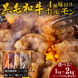 【ふるさと納税】黒毛和牛 タレ漬け ホルモン ミックス4種 BBQ 焼肉 韓国風味噌・塩レモン・柚子胡椒・しょうゆ （4種 1kg 2kg） 焼肉用 ホルモン 小分け 冷凍 ギフト 大容量