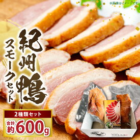 【ふるさと納税】紀州 鴨 スモーク セット 2種 計 約600g ロース モモ 冷凍 お手軽 ストレスのない環境 低密度飼育 独自配合 ペレット飼料 育てた 真っ白 濃厚 コク 脂 鮮やか 赤み 肉 鴨肉 食品 おつまみ 食べ物 簡単調理 グルメ お取り寄せ 和歌山県 湯浅町 送料無料