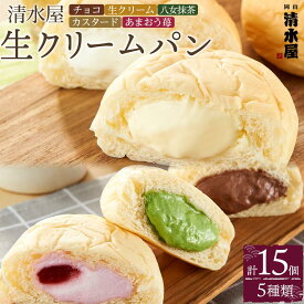 【ふるさと納税】＜究極のふわとろ食感＞清水屋 生クリームパン 15個 5種（カスタード・生クリーム・チョコ・あまおう苺・八女抹茶） | 冷凍パン クリームパン スイーツパン ぱん パン 詰め合わせ 食べ比べ 美味しい 日持ち 人気 おすすめ ベーカリー グルメ 送料無料