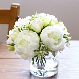 【ふるさと納税】水換え不要!!ピオニー(芍薬)の花瓶に入った花束：white　【花束・花・インテリア・ピオニー・芍薬・アーティフィシャルフラワー・水替え不要・グリーン・ガラス・花瓶・造花】