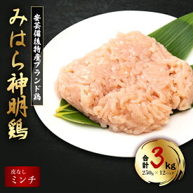 【ふるさと納税】【テレビで話題！】「みはら神明鶏」ムネ肉・皮無しミンチ 合計3kg(250g×12パック) 低脂質 高タンパク 低カロリー アスリート トレーニング ダイエット 筋トレ 鶏肉 むねにく 鶏むね肉 むね肉 皮なし 鶏 ミンチ 小分け 広島県産 神明鶏 012021