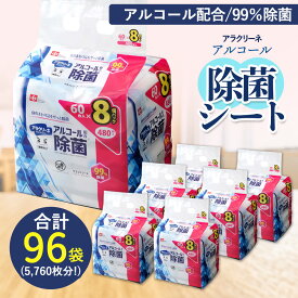 【ふるさと納税】アルコール除菌シート 99%除菌 60枚×8パック×12袋（計5760枚） [ 携帯用ウエットティッシュ アルコール アルコール除菌 日本製 ウエットシート 不織布シート アラクリーネ 持ち歩き 日用品 不織布 衛生対策 送料無料 三豊市 20,000円 台 返礼品 レック ]