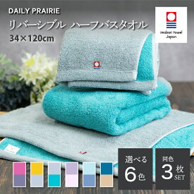 【ふるさと納税】 今治タオル DAILY PRAIRIE リバーシブルハーフバスタオル 同色3枚 ＜ミント＆ブルー／ネイビー＆ベージュ／グレージュ＆ピンク／グレー＆ターコイズ／チャコールグレー＆ダスティピンク／ミモザ＆グレー＞ 【I002950】 今治バスタオル リバーシブル