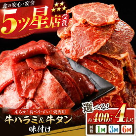 【ふるさと納税】〈選べる容量・お届け回数〉牛ハラミ ＆ 牛タン 総計約400g~4.0kg・3回～6回定期便 / 訳あり 小分け 柔らかい 一口サイズ 牛タン 牛ハラミ 味付き 【(有)山重食肉】[ATAP161]