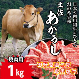 【ふるさと納税】〜四国一小さなまち〜　幻の和牛「土佐あかうし」焼肉用1kg×田野屋塩二郎の肉専用完全天日塩！　塩 塩二郎 田野屋 田野屋塩二郎 あか牛 土佐あかうし 肉 にく ニク お肉 国産 高知産 高知県産 あかうし 赤身 赤牛 和牛 冷凍 送料無料