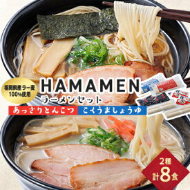 【ふるさと納税】福岡県産ラー麦100%使用　HAMAMENラーメンセット8食(とんこつ、しょうゆ)【1492329】
